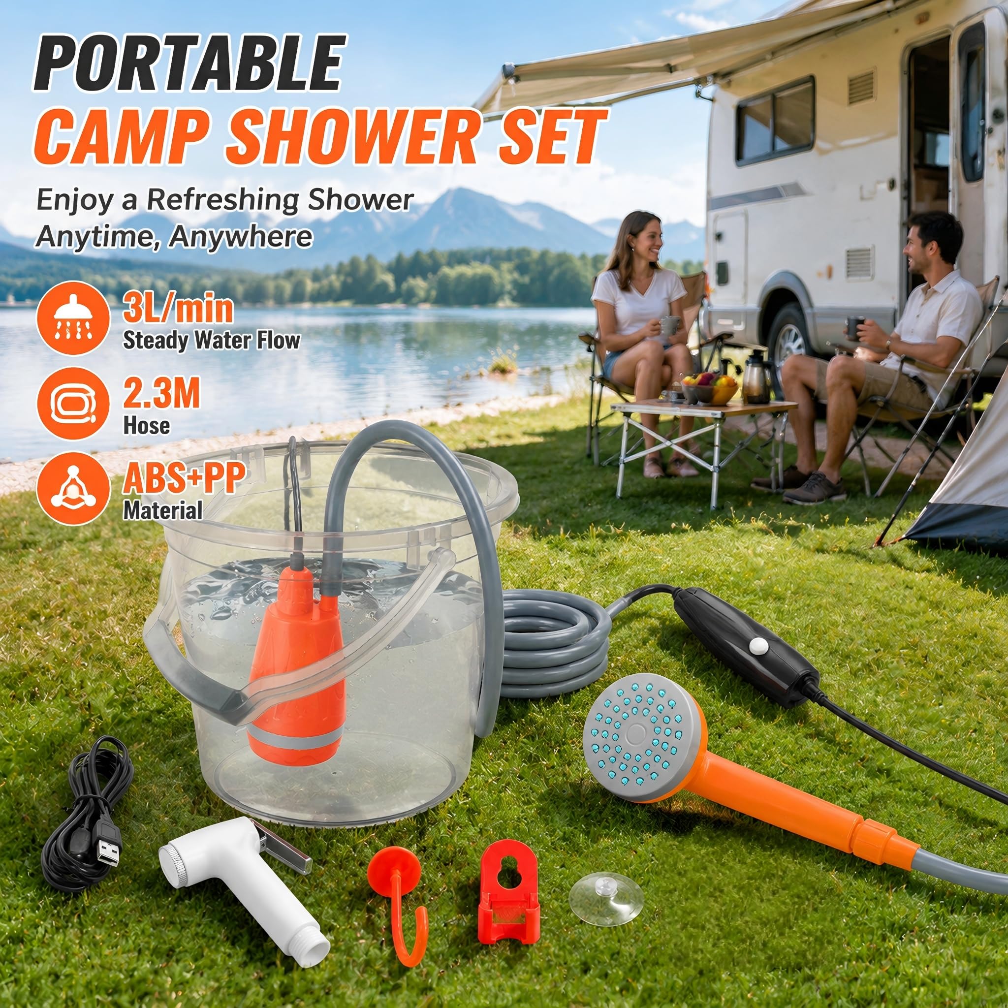 Tragbare Campingdusche mit Akku Tauchpumpe, 3 L/min Durchfluss, 2,3 m Schlauch, Handbrause & Wasserpistole, Saugnapf Haken, mobiles Duschset für Camping Garten Hundewäsche Autowäsche