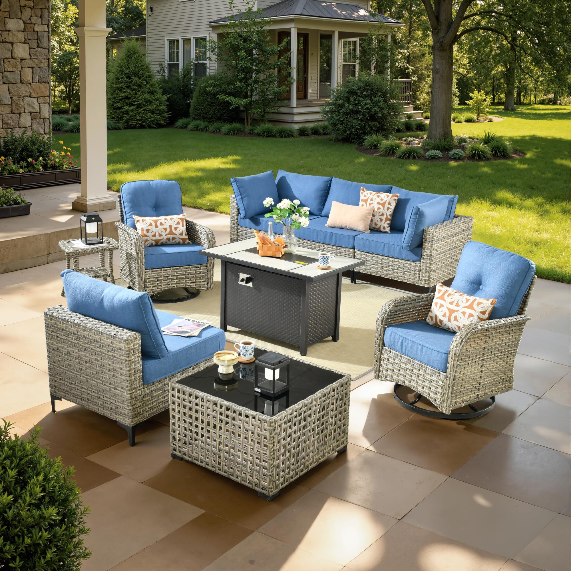 9 Pcs Patio Furniture with Fire Pit Table, Outdoor Rattan Wicker Conversation Set with Glowing Coffee Table, Comfy Sectional Sofa for Porch Balcony