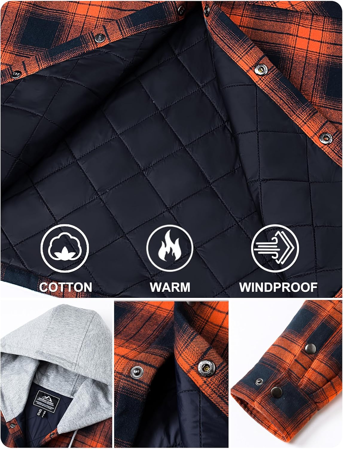 TACVASEN Men's Flannel Jacket with Hood Quilted Lined Plaid Shirts Jacket Cotton Long Sleeve Button Down Shirt Shacket - Image 5