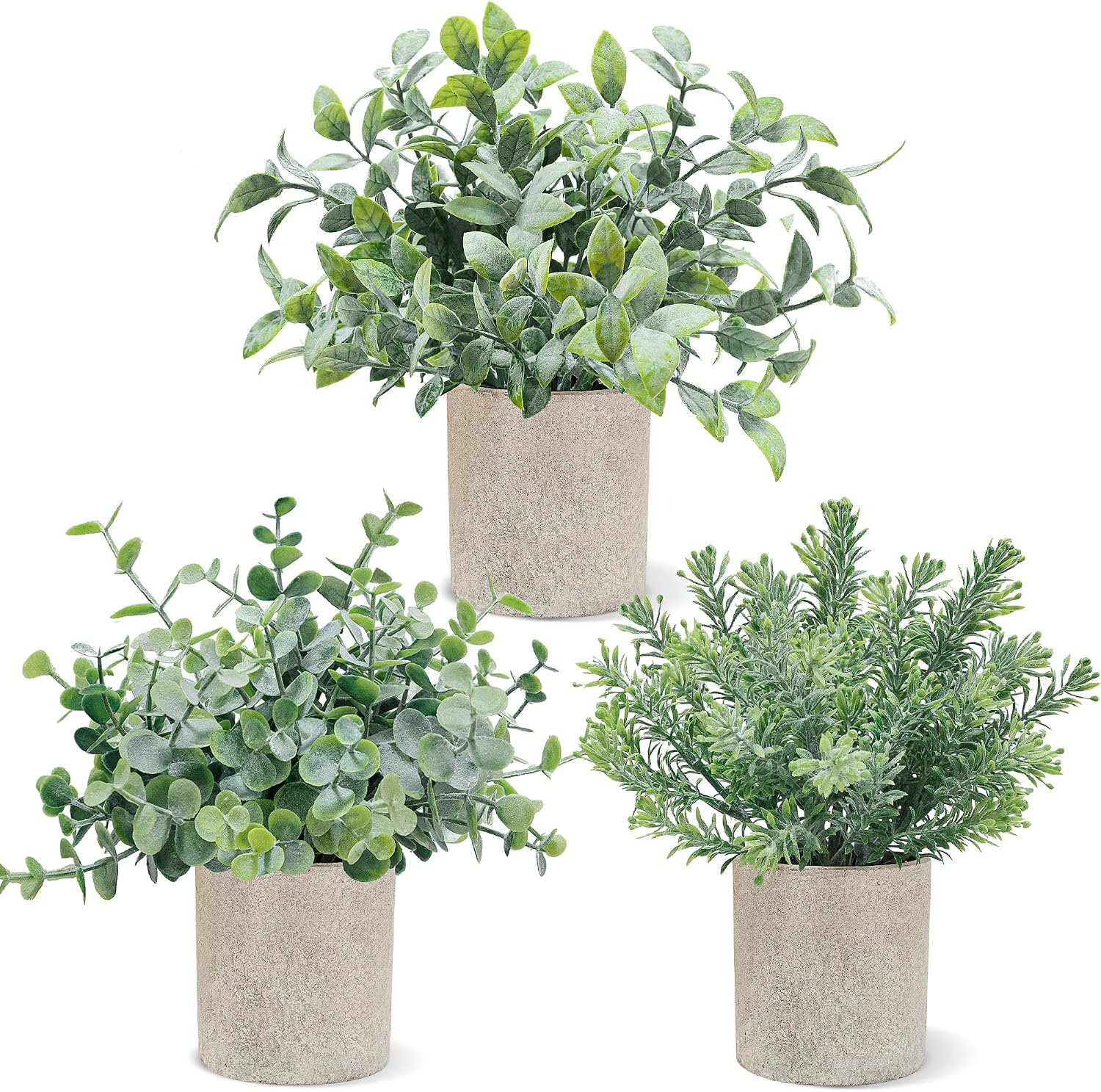 USLAI 3 Pack Fake Plants, 8-Inch Small Potted Eucalyptus Artificial Plants for Home Office Room Shelf Desk Decor