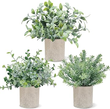USLAI 3 Pack Fake Plants, 8-Inch Small Potted Eucalyptus Artificial Plants for Home Office Room Shelf Desk Decor