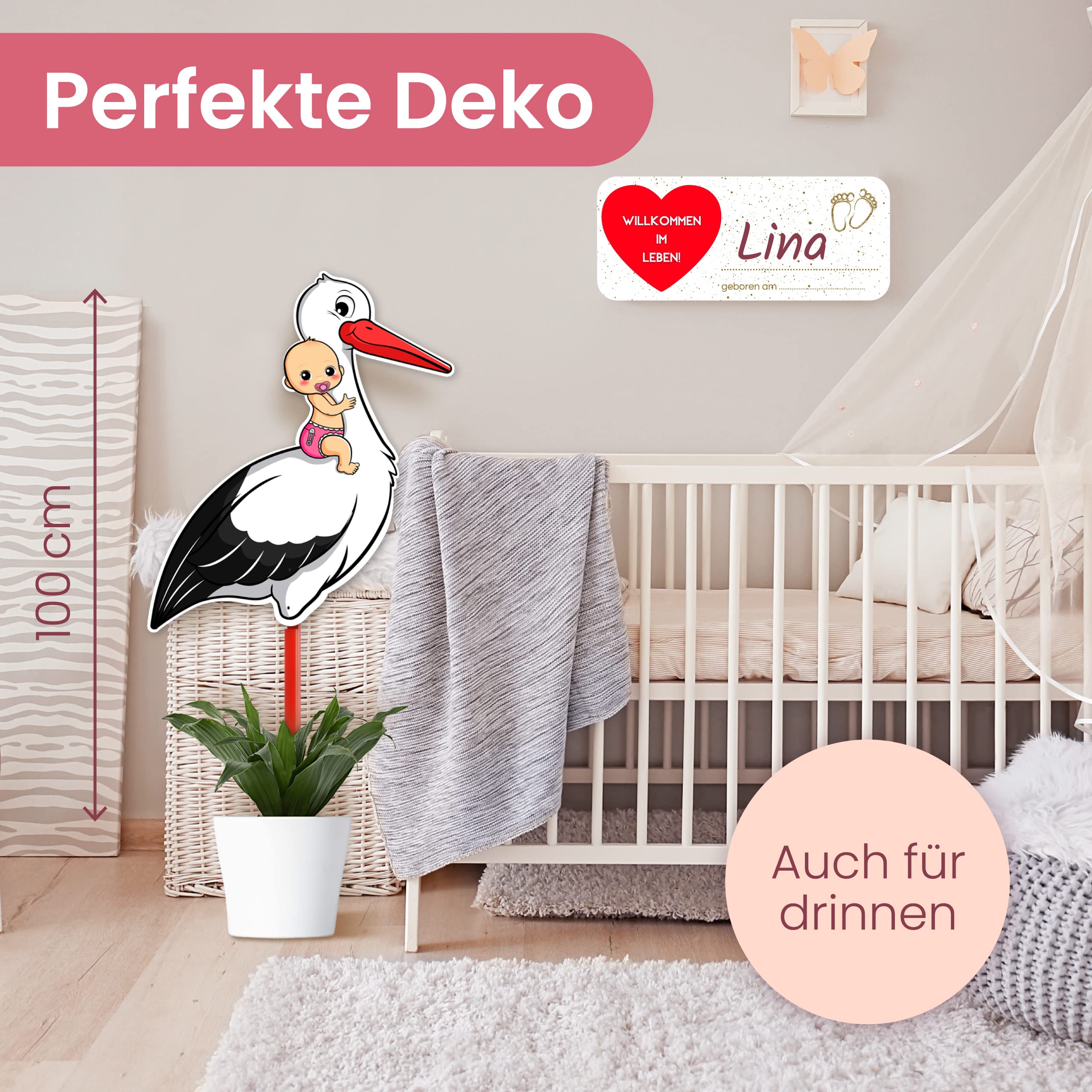 GLÜCKSGUT® Klapperstorch Baby Rosa, 100 cm | 5-teiliges Set | Geburtsstorch inkl. Holzstab + Namensschild + Grußkarte + Stift | Storch Geburt für Draussen & Drinnen | Geburtsgeschenk