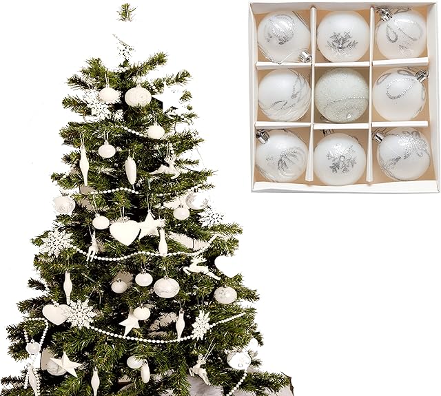 9pc Luxury Premium Baubles, Christmas Tree Bauble Decorations Matte, Glitter, shiny & Frosted (6cm) (White)