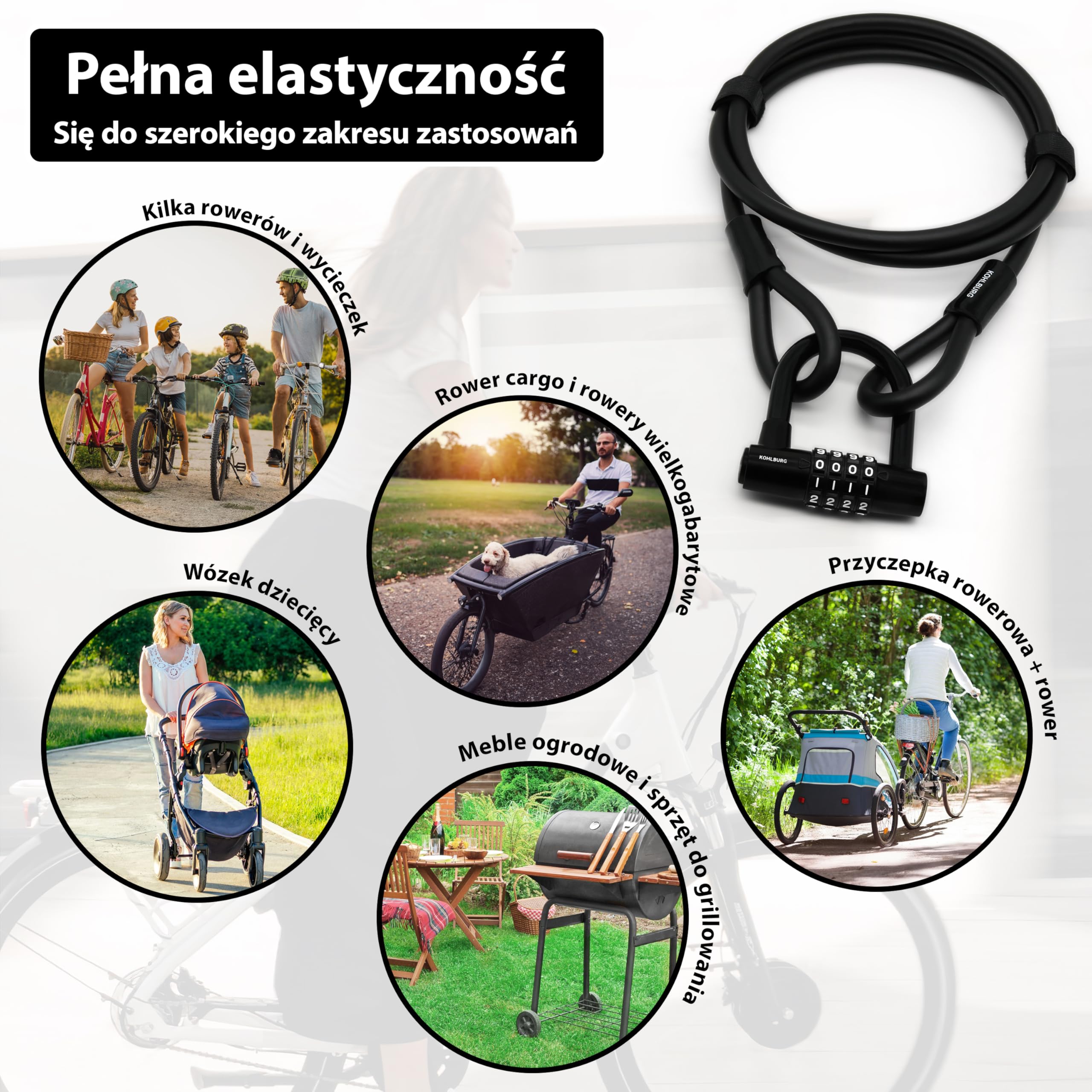 KOHLBURG zamek szyfrowy 200 cm | Linka stalowa z kodem do roweru 2 metry, kabel mebli ogrodowych i sprzętu 2 m