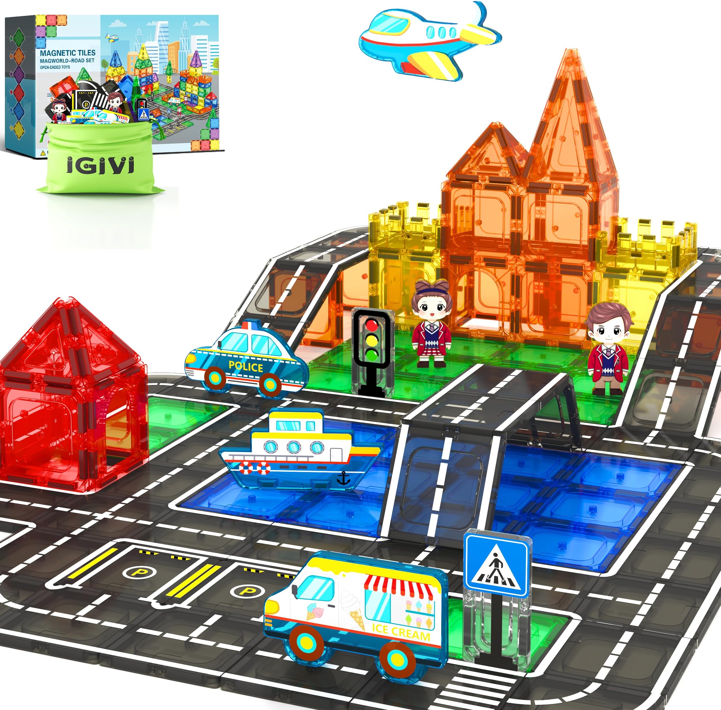 Magnetic Tiles City Road Set with Magnet Car, Magnetic Blocks Building Toys for Kids, STEM Construction Toys for Toddlers, Gifts for 3+ Year Old Boys & Girls