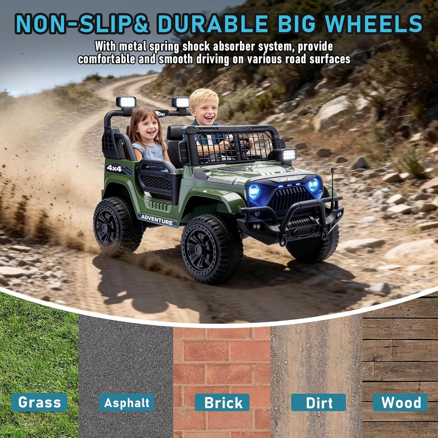 24V Ride On Toys for Big Kids, True 2-Seater Kids Electric Jeep with 550W Dual Motors, Extra-Wide 31” Seat, 4-Wheel Suspension, Parent Remote Control, LED Headlights & Rear Searchlights (Green)