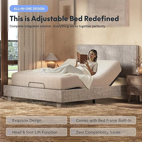 Miniatura 3 de FLEXISPOT Cama ajustable todo en uno Queen con base de cama tapizada de terciopelo, cabecera acanalada de canal vertical, elevación de cabeza y