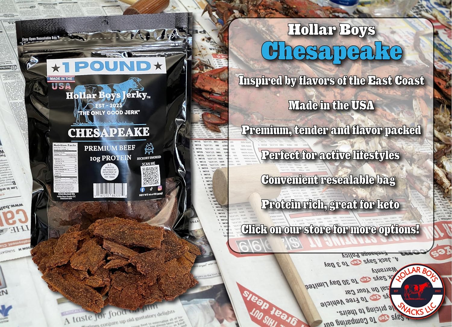 Hollar Boys Snacks Chesapeake Beef Jerky One Pound Resealable Bag, Low Carb, USA Made