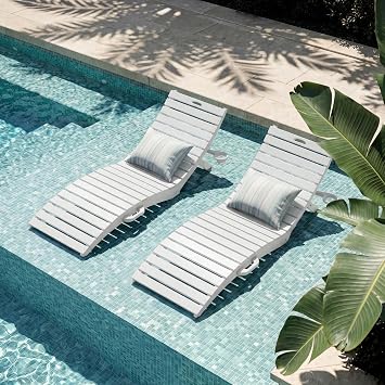 HDPE Pool Lounge Chairs Set of 2, Foldable Chaise Lounge Chair Outdoor, Patio Lounge Chairs with Cup Holder & Handles for Poolside, Beach, Deck, Sandbag Not Included White