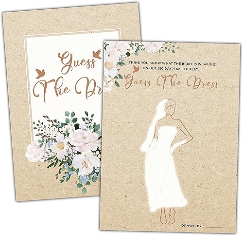 Juegos de papel kraft para despedida de soltera, 30 tarjetas de juego de Adivina el vestido para bodas, decoración floral rústica, despedida de