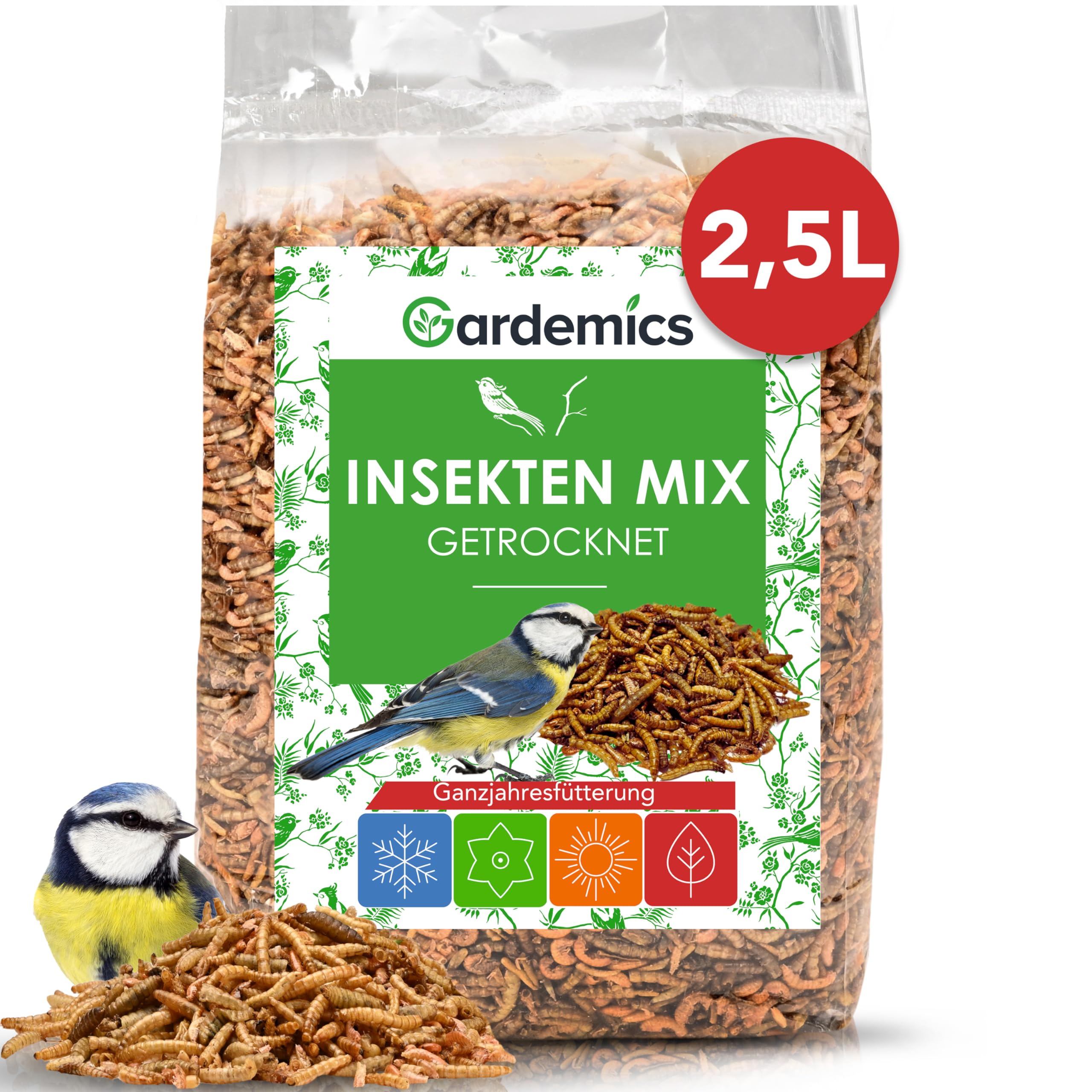 Gardemics Premium Insektenmix 2,5 Liter - 500g - Mit Mehlwürmer getrocknet, Soldatenfliegenlarven getrocknet & Gamarus für Vögel - Vogelfutter, Igelfutter, Insektenfutter für Wildvögel, Gartenvögel