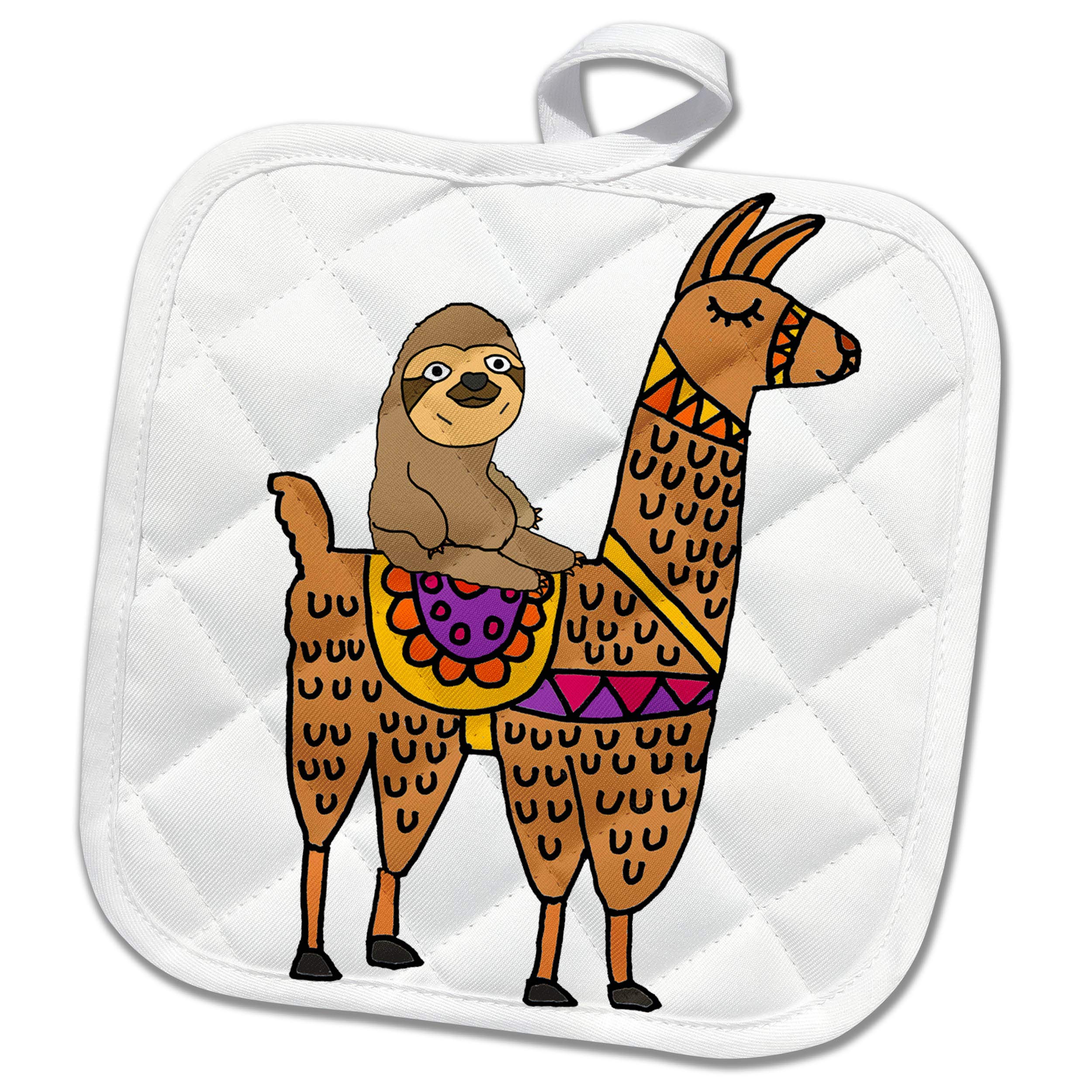 3dRose Funny Cute Sloth Riding Llama Cartoon Potholder, 8 x 8