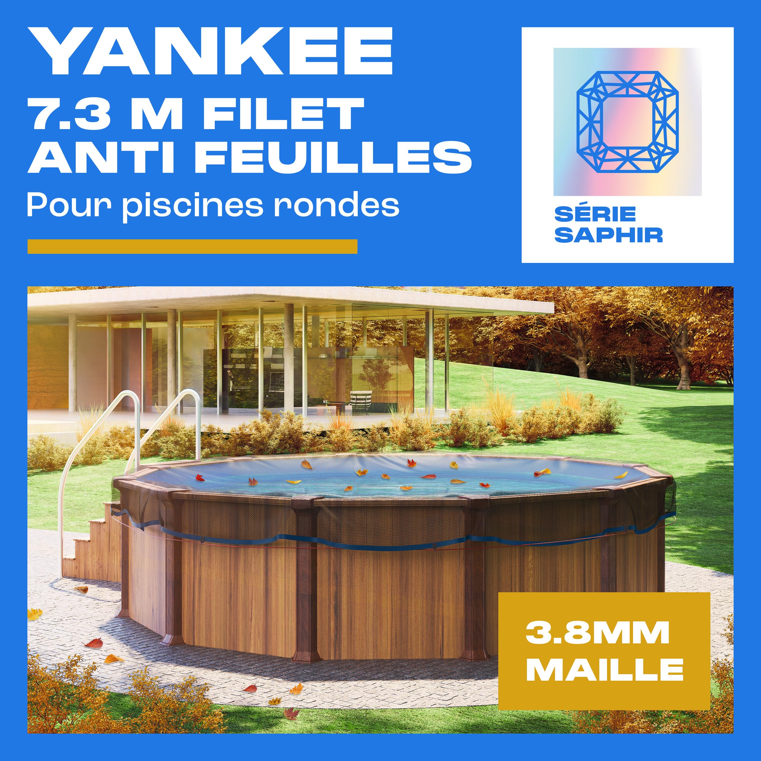 Yankee Filet à Feuilles pour Piscine Ronde - Maille 0,4 cm | Bâche de Protection Piscine Hors Sol | Empêche Feuilles & Débris | Filet Durable Anti-Colmatage (690-730 cm (Ø850cm))