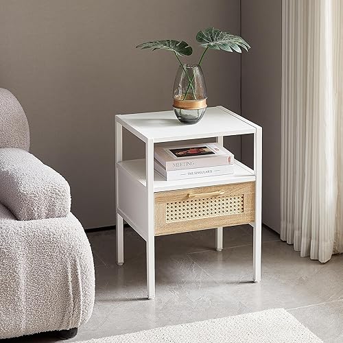 Miniatura 3 de Juego de 2 mesitas de noche de ratán, mesa auxiliar de ratán de 15.75 pulgadas con cajón, mesita de noche moderna, patas de metal, mesa auxiliar