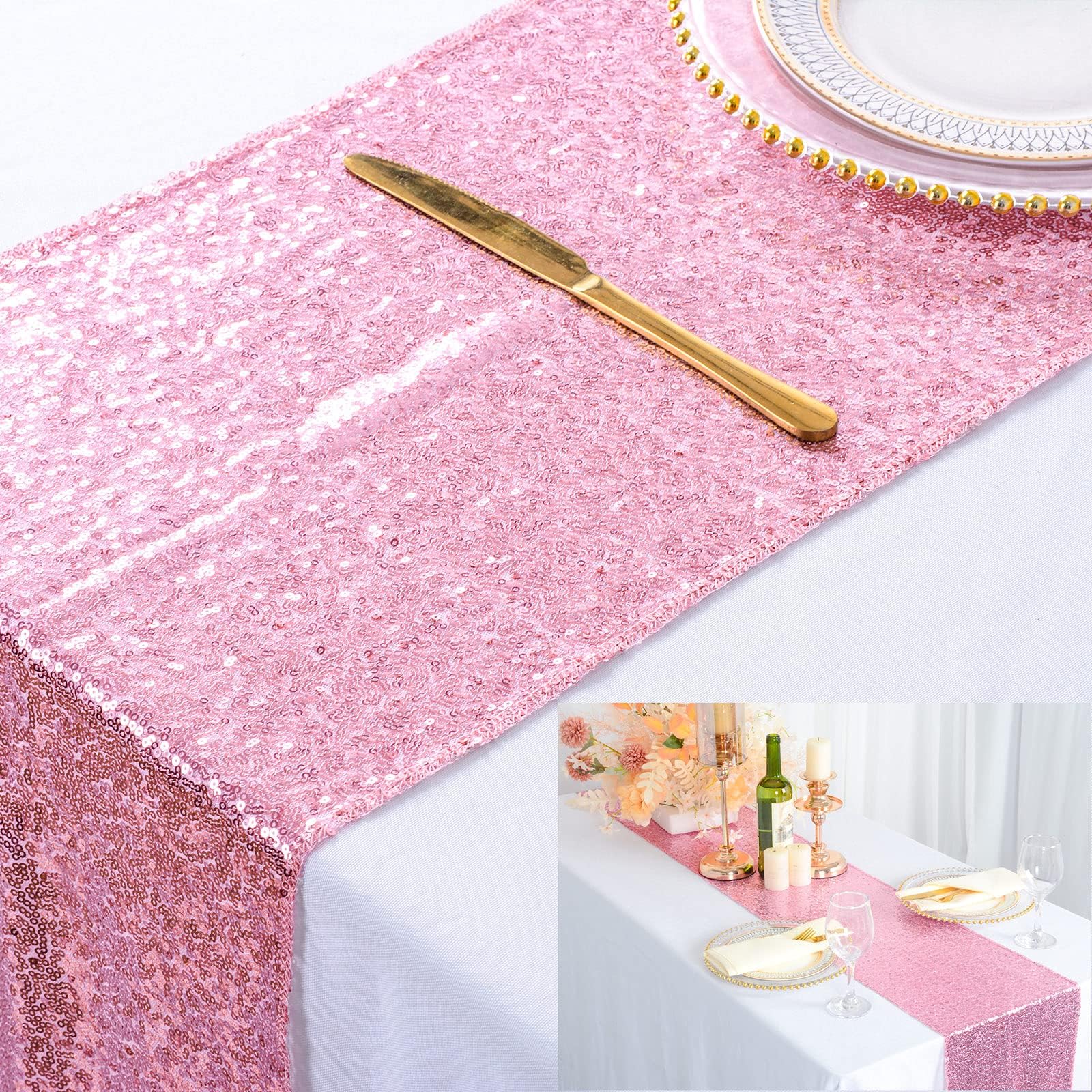 ShinyBeauty Rose Pink Sequin Table Runner 72 Inches Sparkly Sequence Table Runners Pink Gold Thanksgiving Table Runner Home Decor Wedding Table Runner Party Supplies (12x72-Inch, Rose Pink)