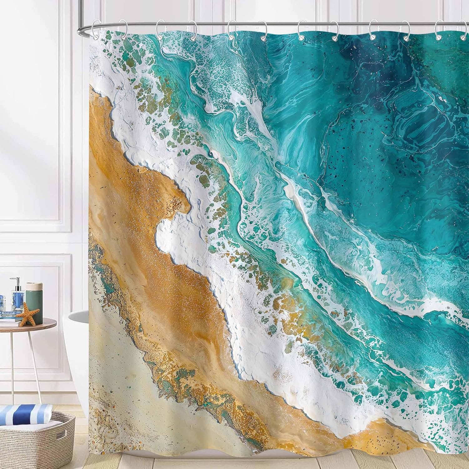 Rexful Beach Shower Curtain Sets Turquoise Seafoam Sand Beach Shower Curtains for Bathroom Aerial View Blue Coastal Decor Waterproof Fabric 72 x 72 inch with 12 Hooks (Blue2)