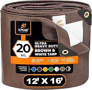12' x 16' Brown/White Ultra Heavy Duty Tarp - 20 Mil Tarps Heavy Duty Waterproof 12x16 - Extra Large Outdoor Tarp, Waterproof Tarp Cover for Rain Camping, Tent Tarp, UV Protection, Reinforced Corners