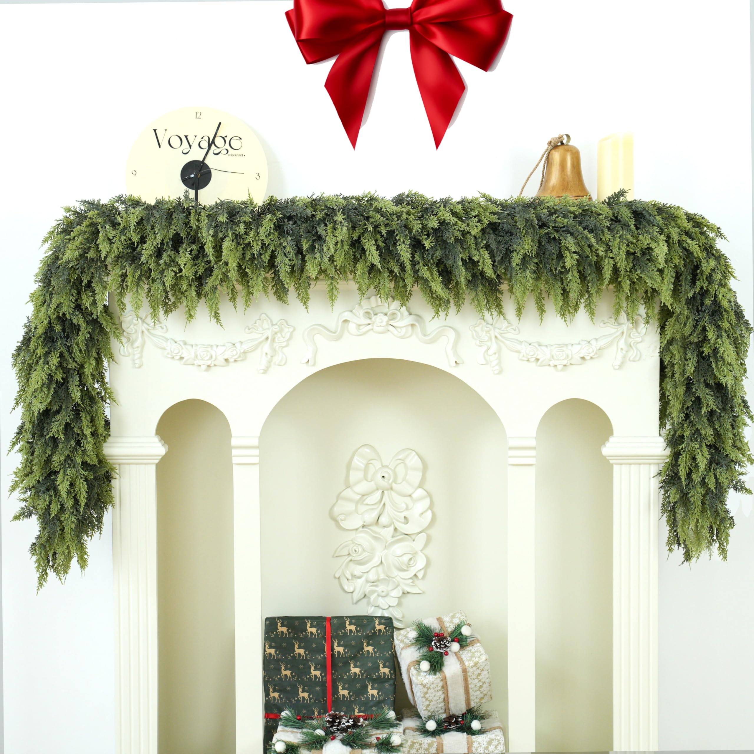 9FT 1Pcs Christmas Cedar Garland Artificial Realistic Soft Thick Green Faux Lush Cedar Pine Garland for Fireplace Mantel Stairs Doorframe Table Porch Indoor Outdoor Holiday Decor 9FEET