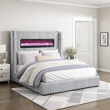 Lexicon Corduroy Upholstered Bed Frame, Remote Fireplace, Built-in Speaker, Wingback California King Bed Frame with Headboard, Wooden Slats, Box Spring Needed, Assembly Required, Two-Tone Gray