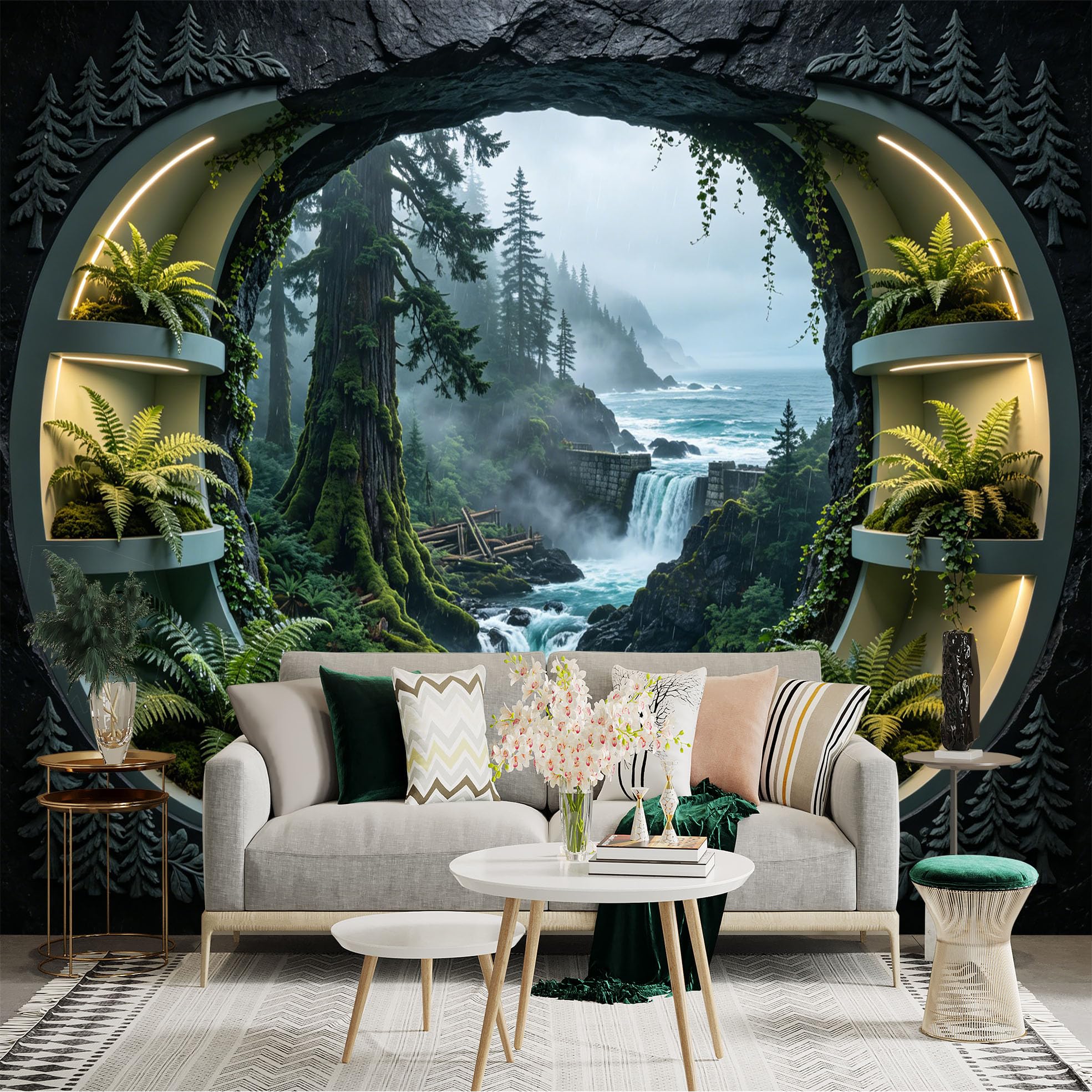 Custom Size Wall Sticker Mural， Misty Forest Waterfall with Ferns and Coastal Landscape， for wall Decoration， peelandstick wall Decals.
