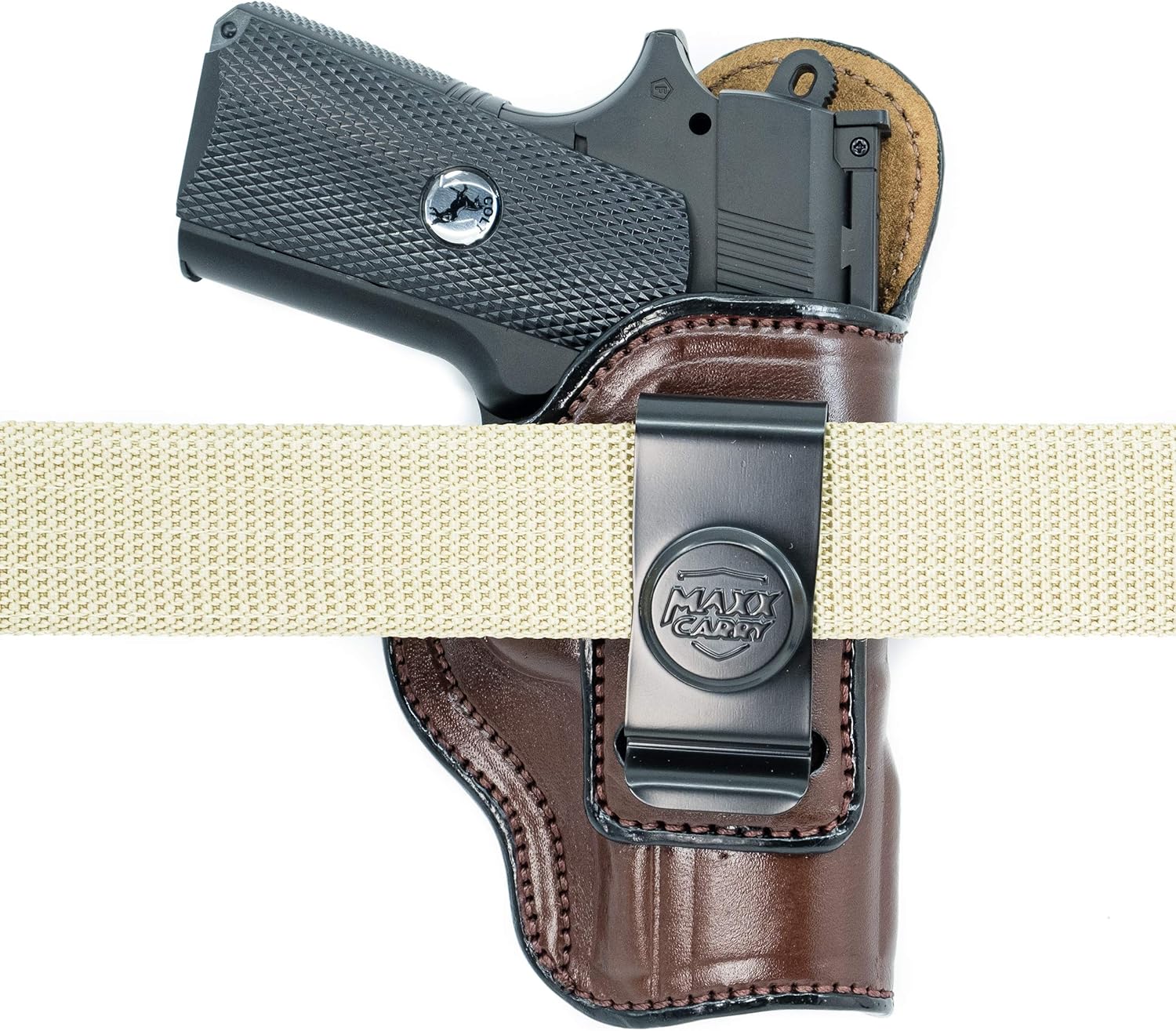 Maxx Carry Inside The Waistband Leather Holster for Kimber Solo 9mm. IWB Holster with Clip Conceal Carry.