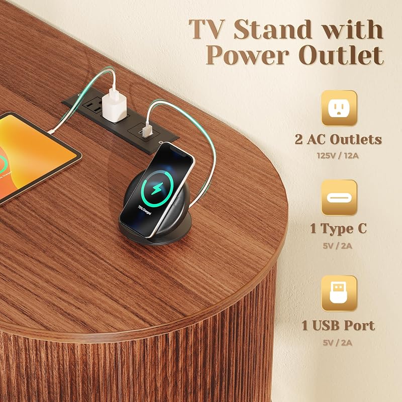 PRAISUN 54 Inch Fluted TV Stand for TVs up to 55 Inch, TV Media Console with Power Outlets and USB-C Port, Entertainment Center with Storage, Curved Sliding Doors, Adjustable Shelf, Brown image 4
