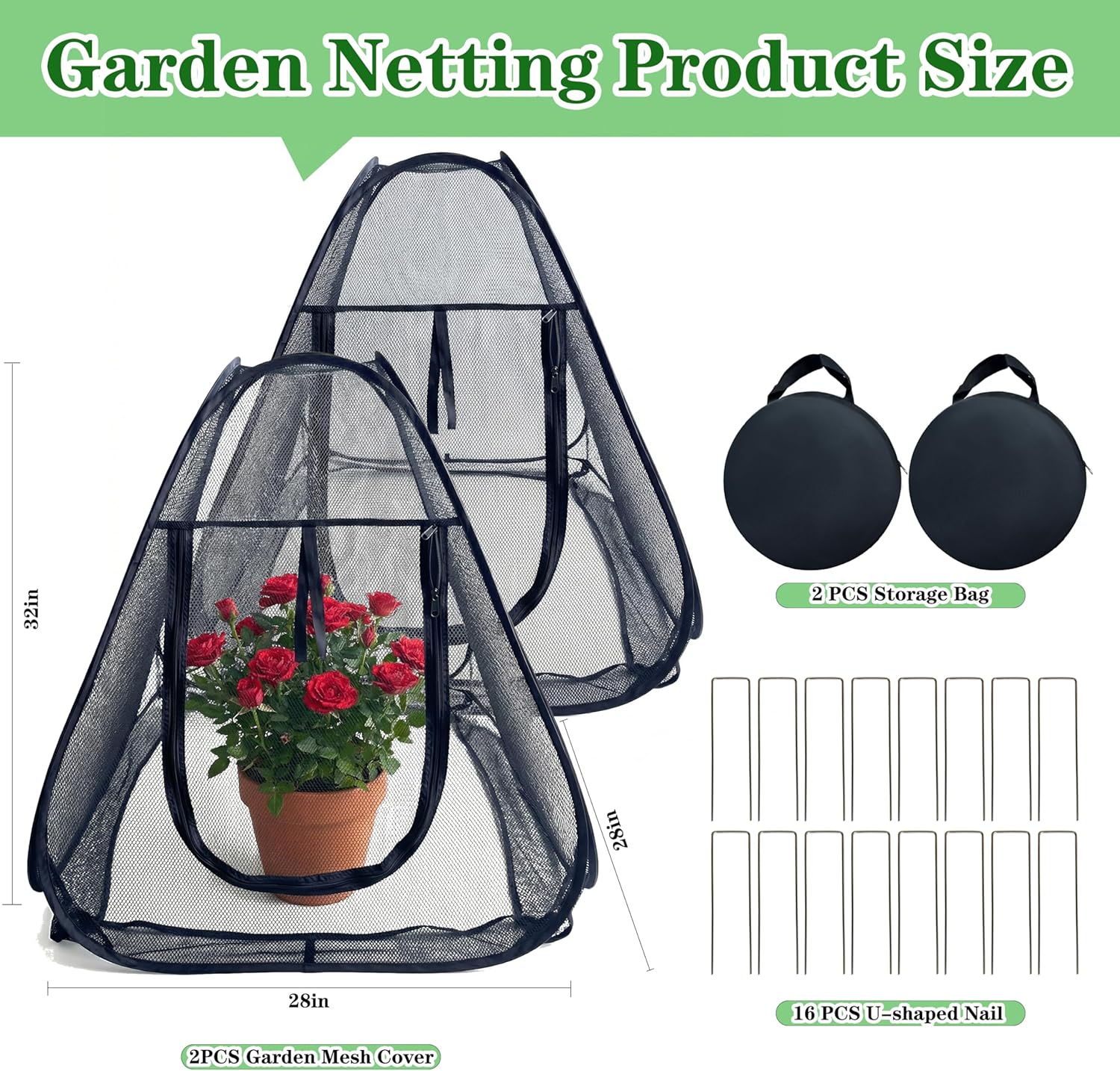 2PCS Pop-Up Garden Netting Protector with 2 Storage Bags & 16 U-Shaped Nails, 28"x28"x32" Plant Shade Tent， Mesh Plant Cover from Animals for Vegetables Fruits Flowers
