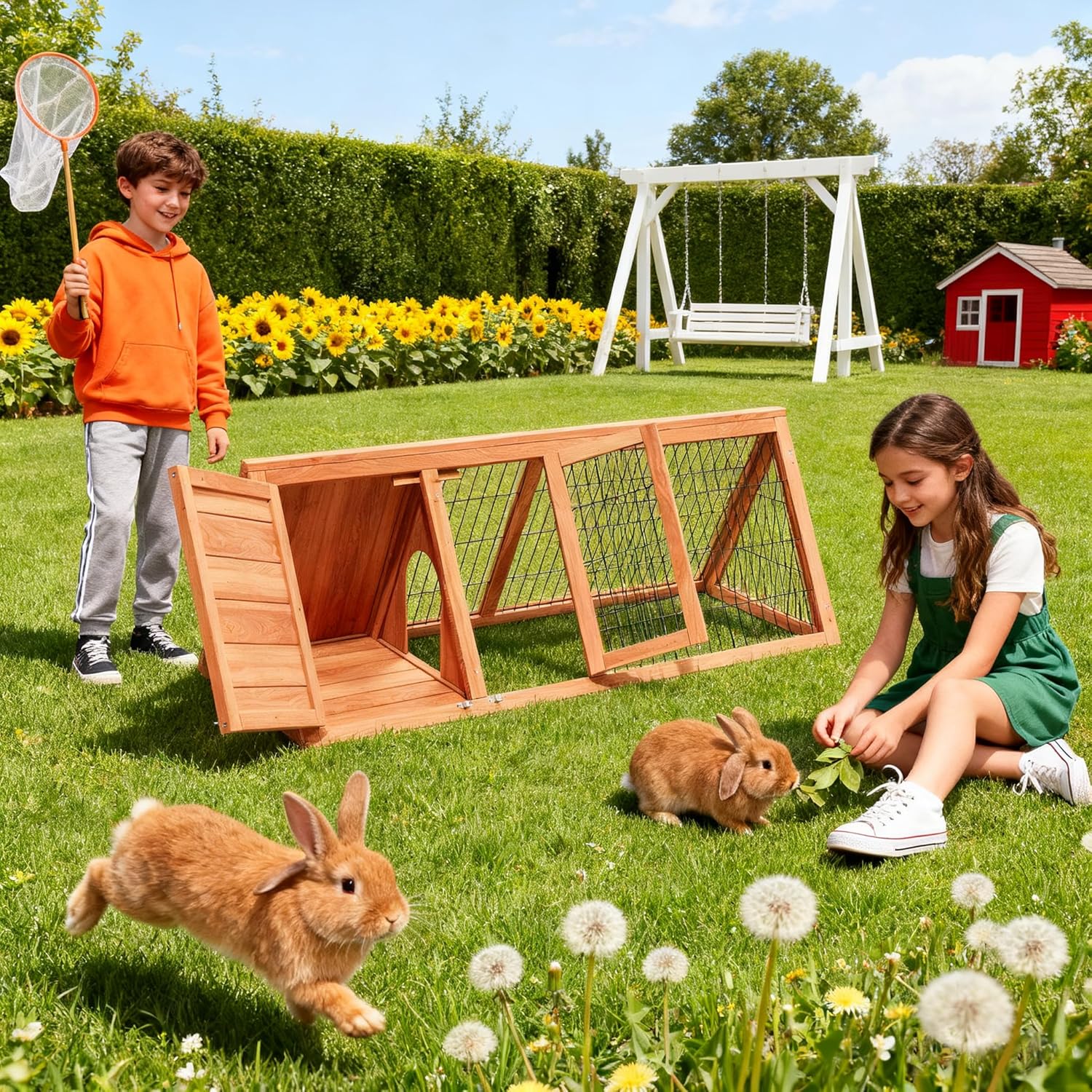 Wooden Rabbit Run Cage Indoor,A-Frame Bunny Playpen House Outdoor,Small Bunny Hutch with Ventilating Wire Fence for Puppy Rabbits (Brown)