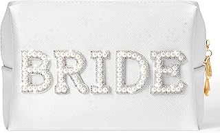Bride Patch Pearl Rhinestone Bag Cosmetic Bag Large White Makeup Bag PU Leather Waterproof Purse Brides Cosmetic Purse Bridal Shower Engagement Gits for Bride Make up Travel Organizer for Women Girls