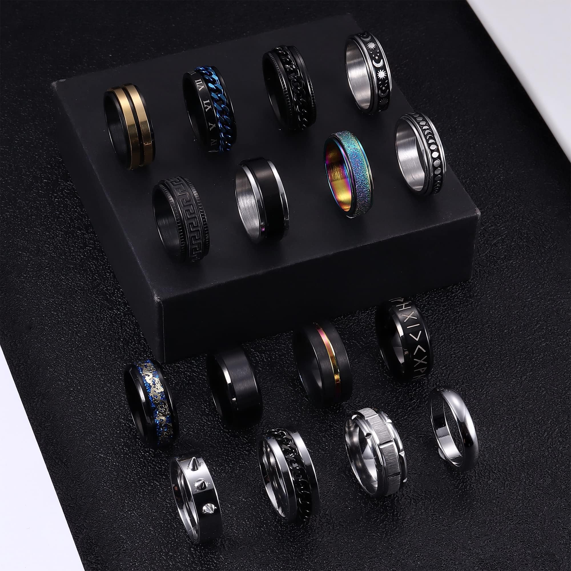 FIOROYAL 16 Piezas Hombres Anillos Acero Inoxidable Plata Negro Banda Cadena Giratorio Anillo Alivio del Estrés Anti Fidget Anillos Boda Compromiso Anillo para Hombre Negro-30
