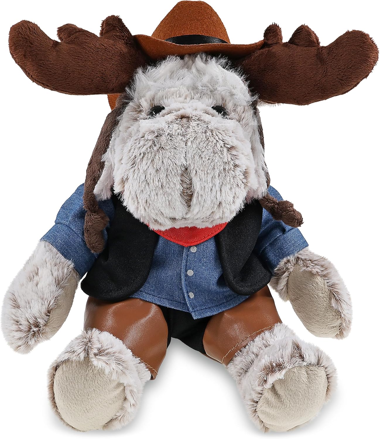 DolliBu Moose with Clothes Stuffed Animal Cowboy Plush with Name Personalization - Western-Themed Moose Plush with Cute Cowboy Costume Denim Shirt Vest, Bandana, Leather Pants, and Hat - 10 Inches