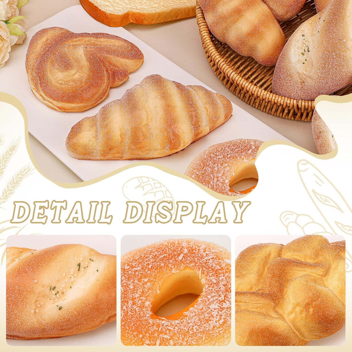 10 Pcs Fake Bread Set Realistic Artificial Bread Loaf Decoration Faux French Baguette Toast Loaves Croissant Soft Food Model Butter Squishy Kitchen Photography Prop Sample Display