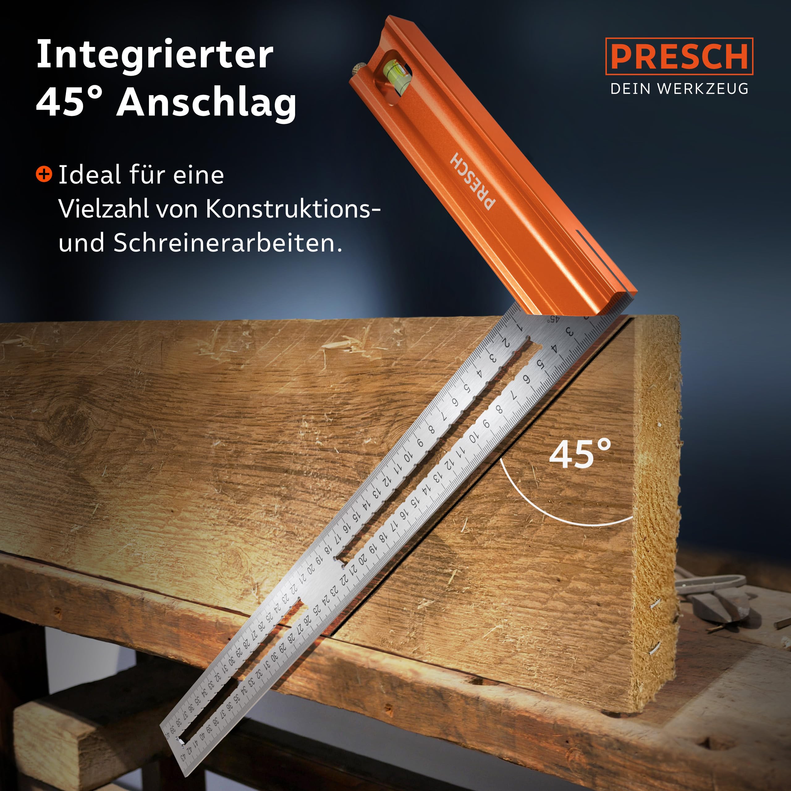 Presch Anschlagwinkel Set - 200mm, 300mm & 400mm - Hochpräzise & Rostfrei - Innovatives Streichmaß - Exakter 90° und 45° Anschlag inkl. Wasserwaage & Anreißnadel für ultimative Vielseitigkeit