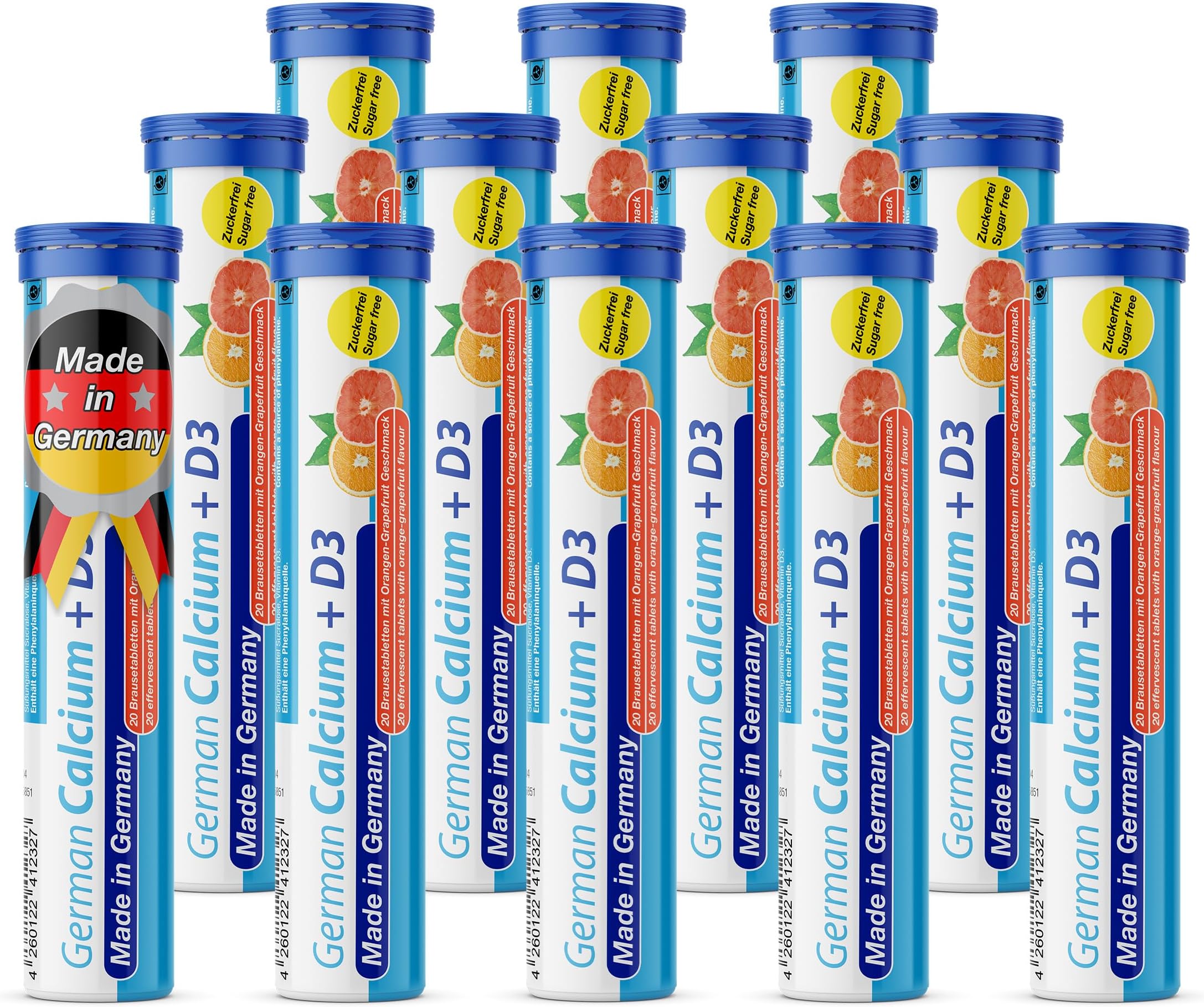 Calcium + Vitamin D3-12 x 20 effervescent Tablets - Orange-Grapefruit Flavor - T&D Pharma German Calcium + D3 - Made in Germany