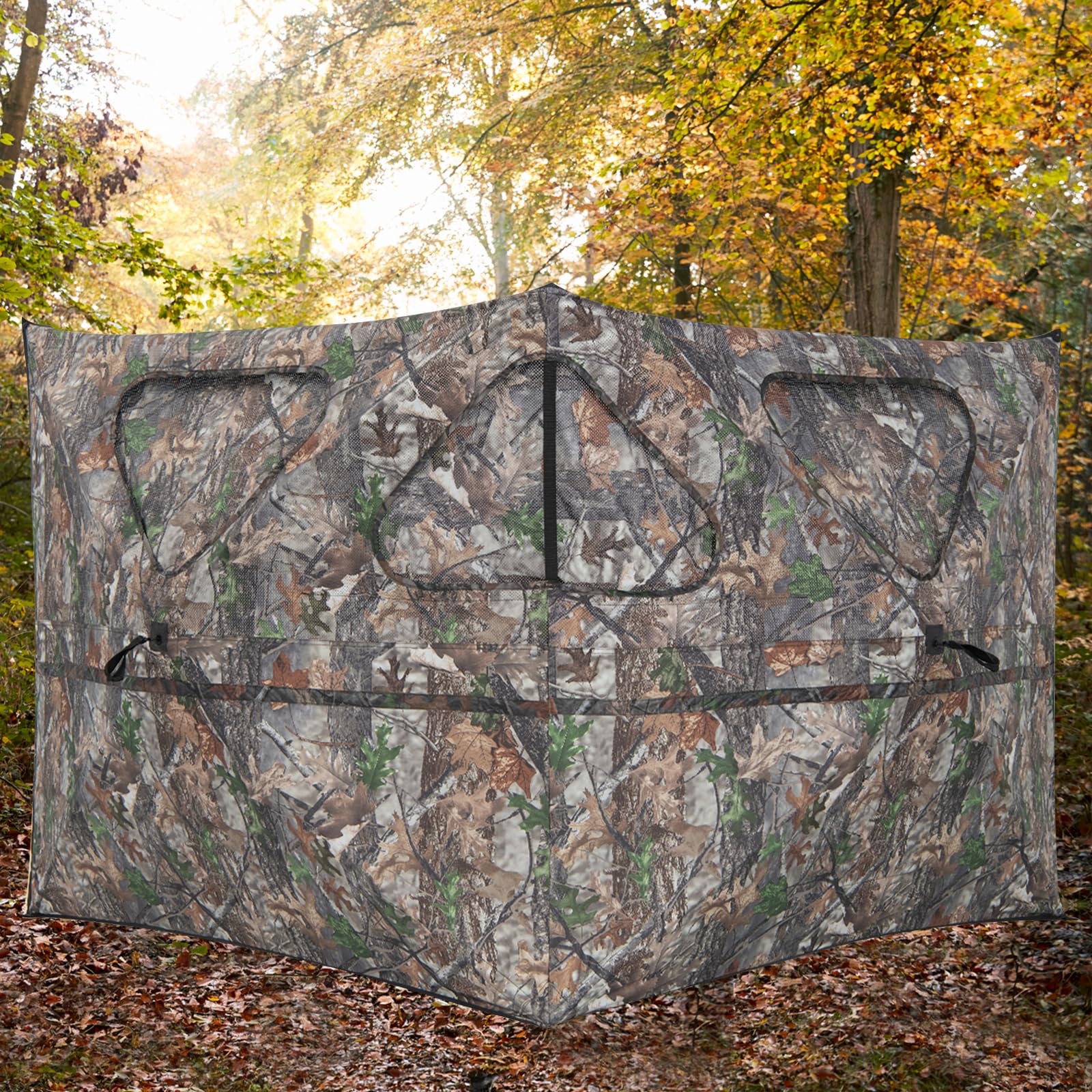 GYMAX Tenda da Caccia, Recinto da Caccia Pieghevole a 2 Pannelli con 3 Aperture per Sparare, Motivi Mimetici, Stabilità in Caso di Vento Forte, Recinzione da Caccia, 148 x 148 x 113 cm