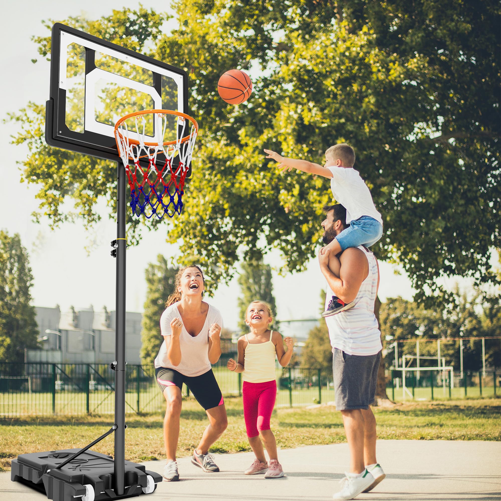 SogesHome Soporte de baloncesto ajustable en altura, canasta de baloncesto con soporte, canasta de baloncesto móvil para el jardín con ruedas, canasta de baloncesto rellenable con agua o arena