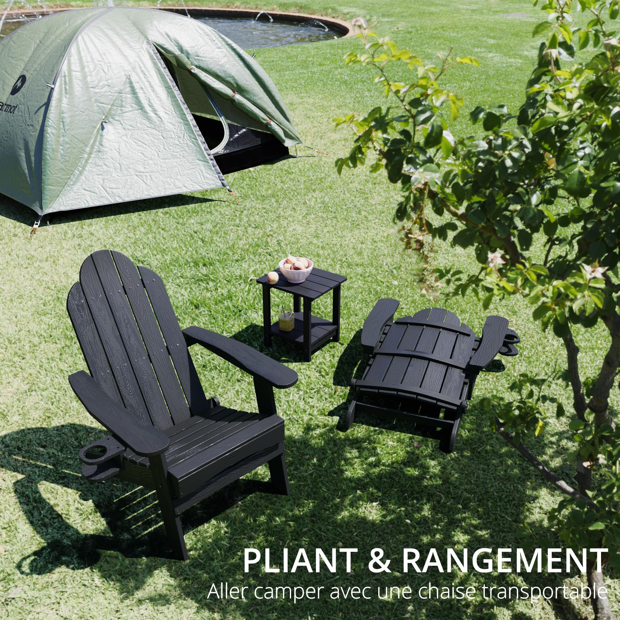 LUE BONA Chaise Adirondack Noire, Chaise de Jardin HDPS Pliable, Résistante aux Intempéries avec Porte-Gobelet, pour Jardin, Terrasse, Balcon