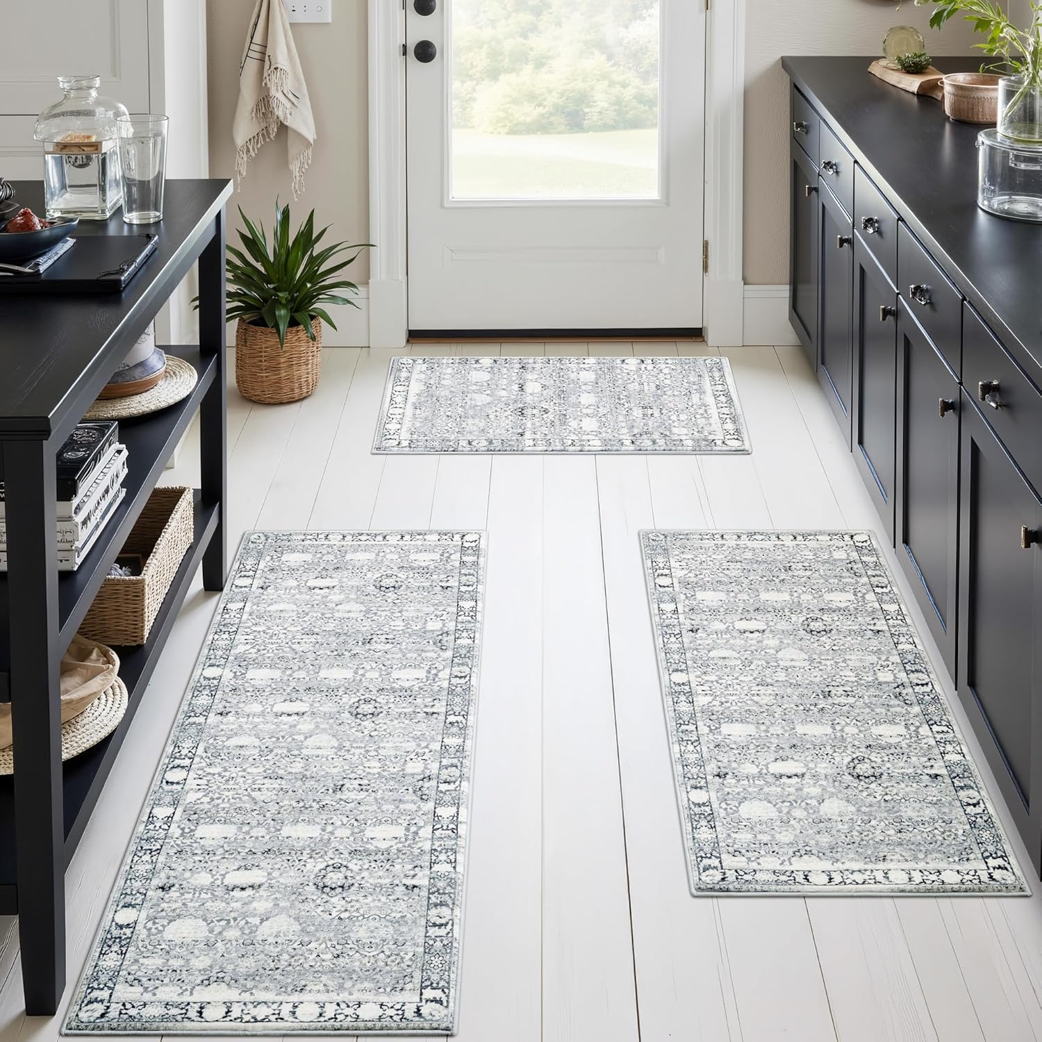 GRANNY SAYS Boho Kitchen Rug Sets of 3, Non Slip Washable Faux Wool Kitchen Mats for Floor, Thick Soft Anti-Fatigue Comfort Standing Mat Runner Rugs for Hallway Laundry Room, Grey Grey 1'8" x 4'11"