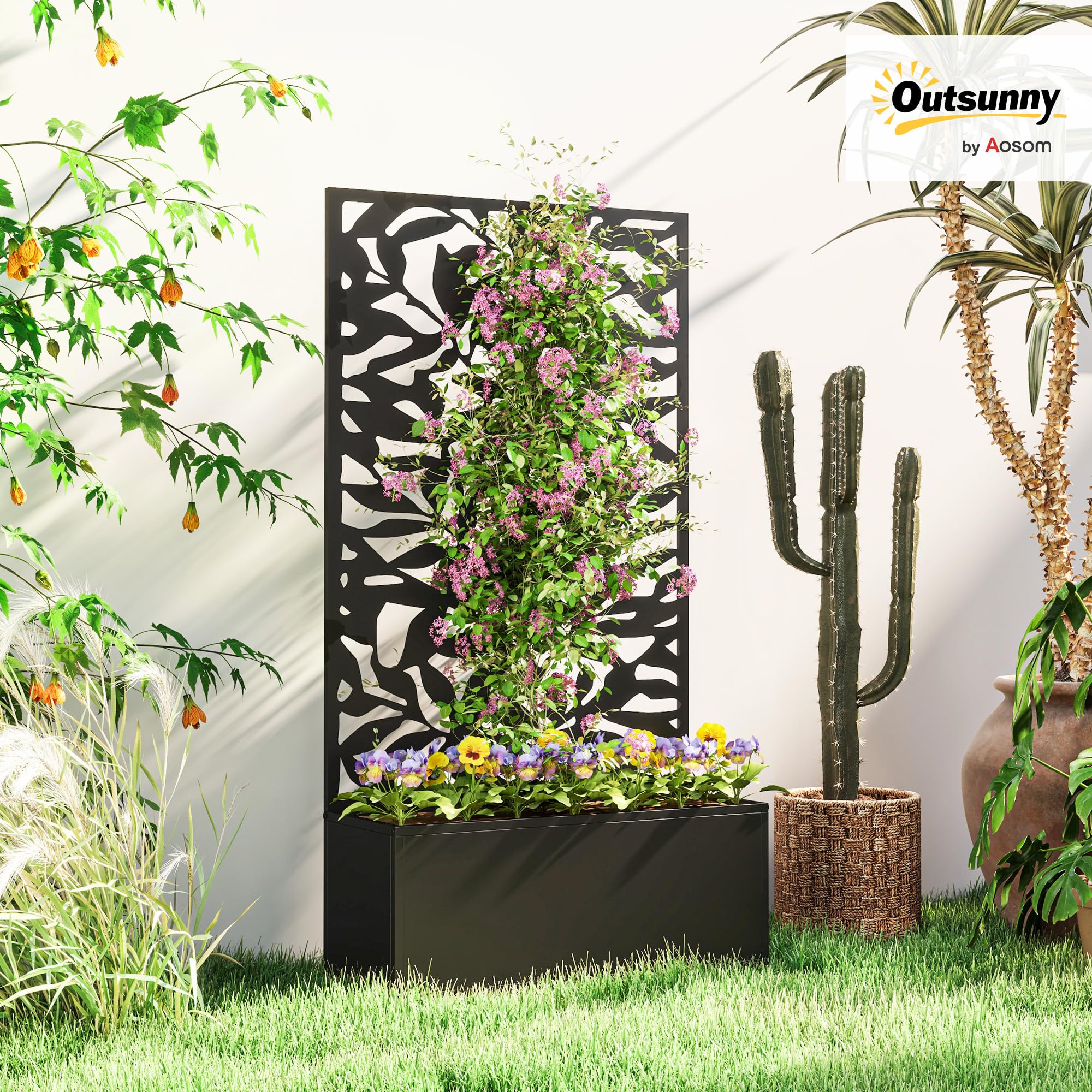 Outsunny Jardinera Exterior Grande de Metal Jardinera con Pantalla de Privacidad de Hojas Sólidas Decorativas Jardinera de Pared o Independiente para Patio Terraza 61x23x113 cm Negro