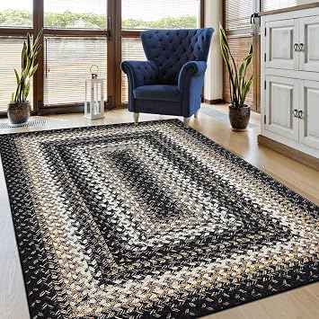 ROYHOME Braided Print Boho Rug 5x7 Living Room Area Rugs Modern Geometric WashableThrow Carpet Farmhouse Large Accent Carpet for Bedroom Kitchen Nursery Office, Black