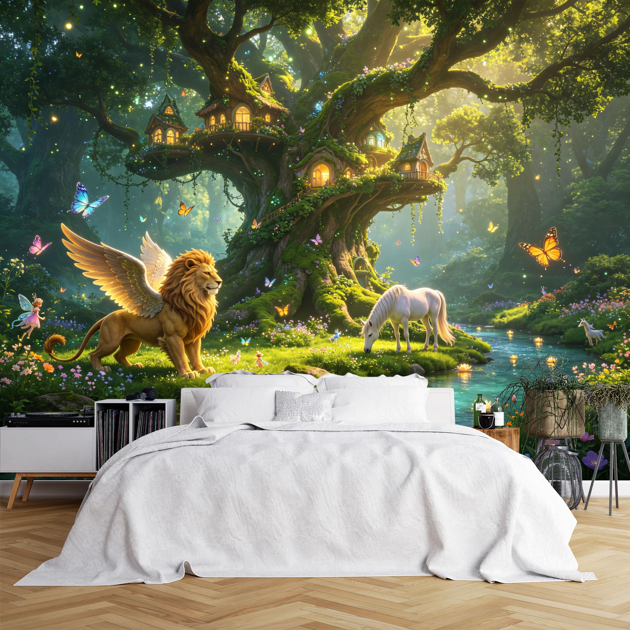 Custom Size Wall Murals Magical Forest with Treehouse, Winged Lion and Unicorn Wall Murals, Vivid Self-Adhesive Removable Wallpaper for Kids Room