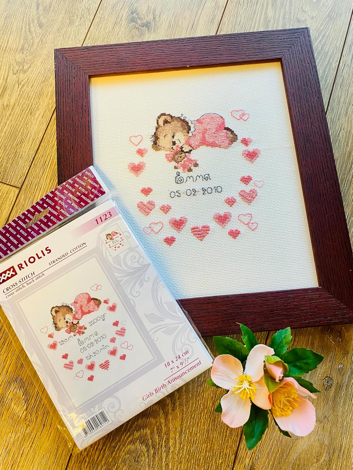 RIOLIS - Girls Birth Announcement 1123, Cross Stitch Kits 7"X9.5", Baby Cross Stitch Kits Birth Record for Beginners & Advanced, Crossstitching Kits Adult, Counted Stitching Kits, Embroidery Kit