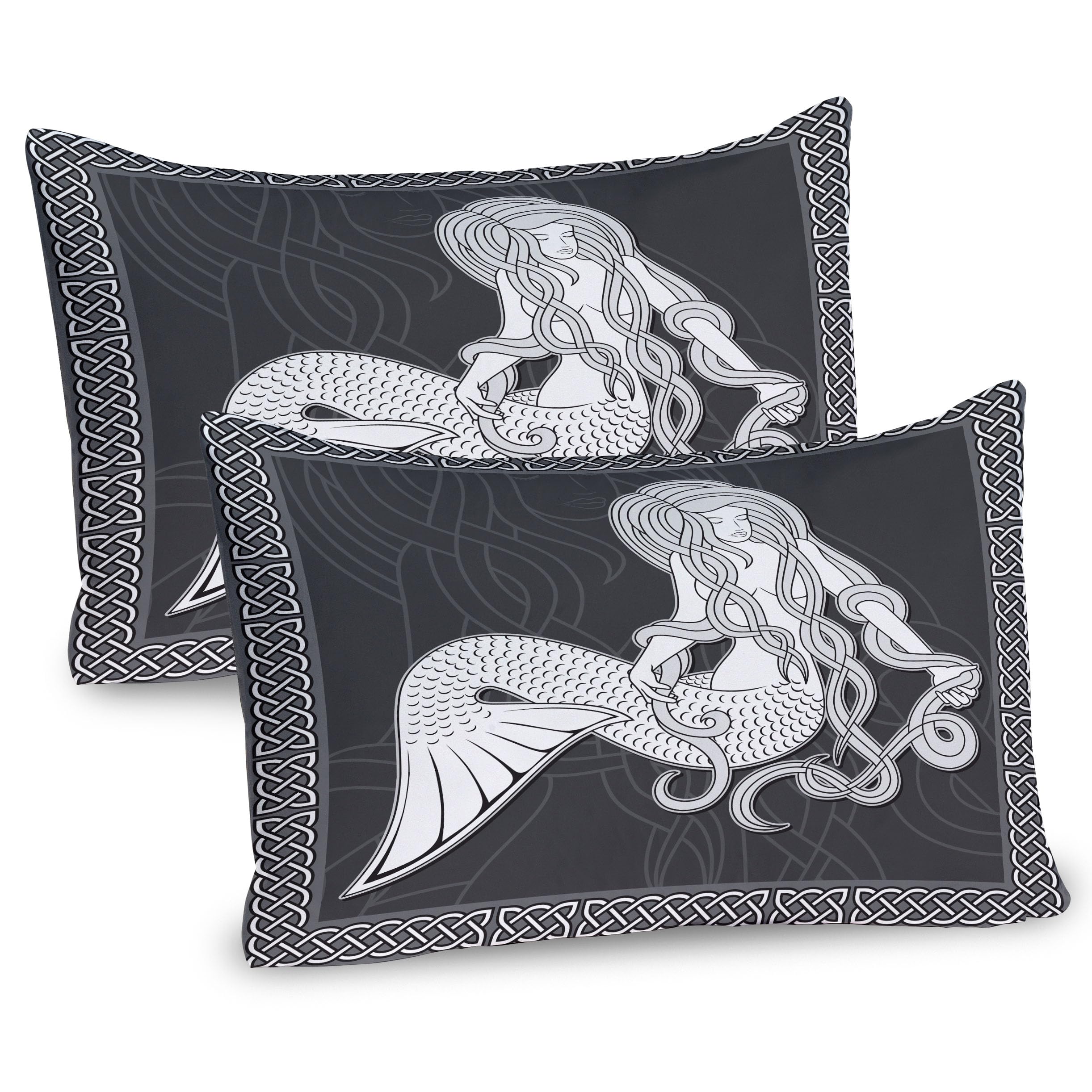 Ambesonne Mermaid Pillow Sham Set of 2, Retro Art Illustration of a Girl Brushing Hair and Border Celtic Patterns, Quality Microfiber Bedding Item for All Seasons, 36
