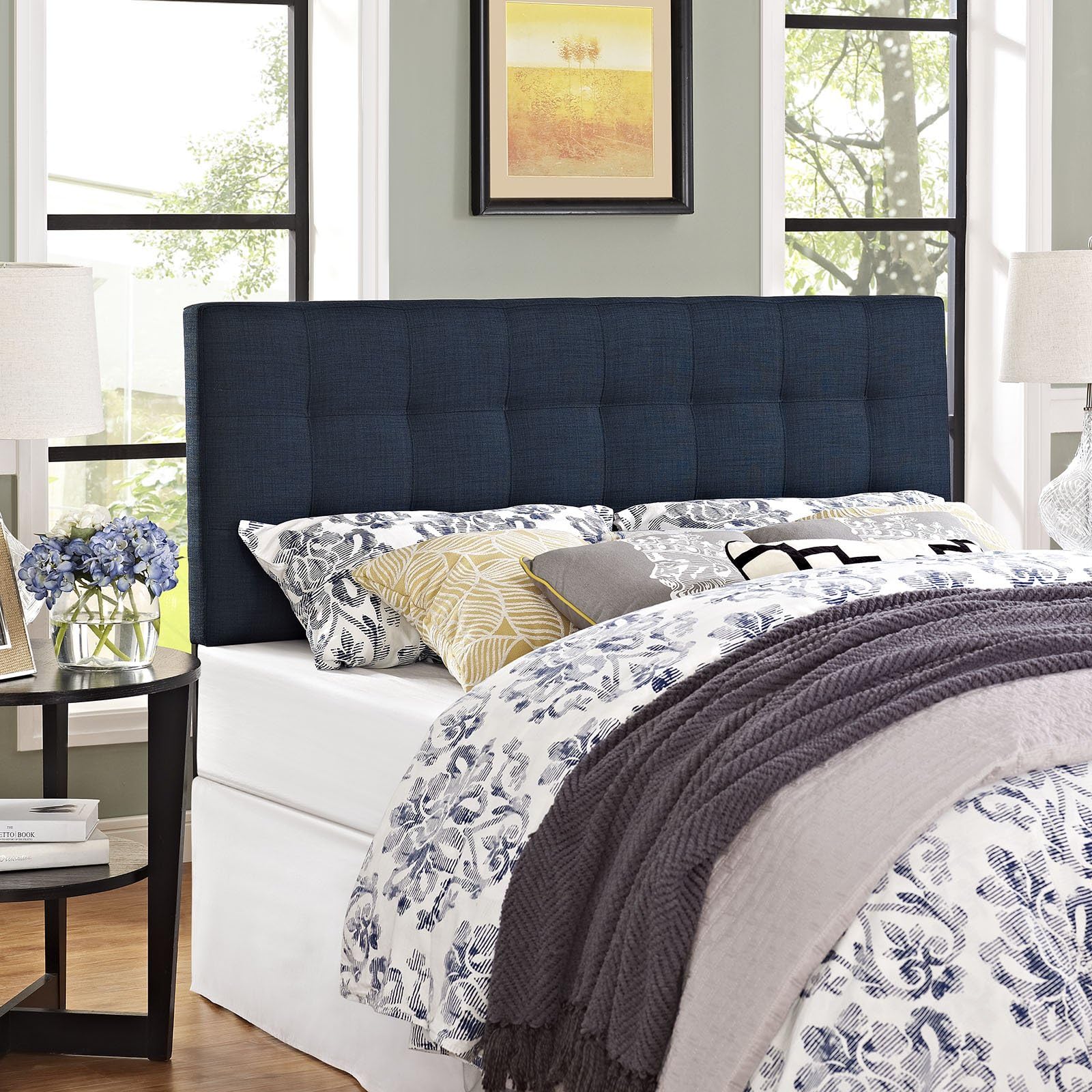 Lily Tufted Linen Fabric Upholstered Queen Headboard in Navy