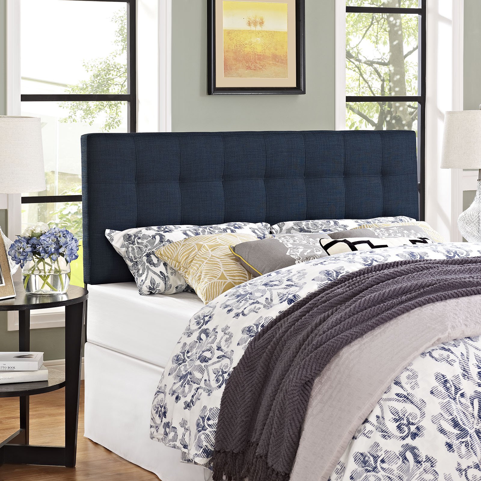 Modway Lily Tufted Linen Fabric Upholstered Queen Headboard in Navy