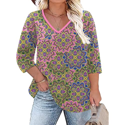 TFSDOD Womens Plus Size Tops V Neck T Shirts 3/4 Sleeve Blouse Summer Casual Tees XL-5X