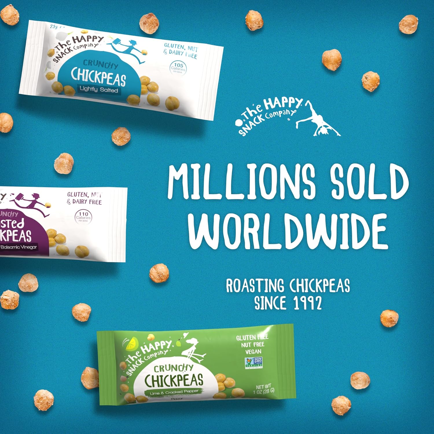The Happy Snack Company Crunchy Chickpeas Variety Pack - High Fiber Vegan Protein Snacks for Adults and Kids - 24 x 1 oz ( Sea Salt & Balsamic Vinegar Flavor and Lime & Cracked Pepper Flavor). 5g Plant Based Protein & 120 Cals. Gluten, Nut & Dairy Free, Non-GMO and Vegan.
