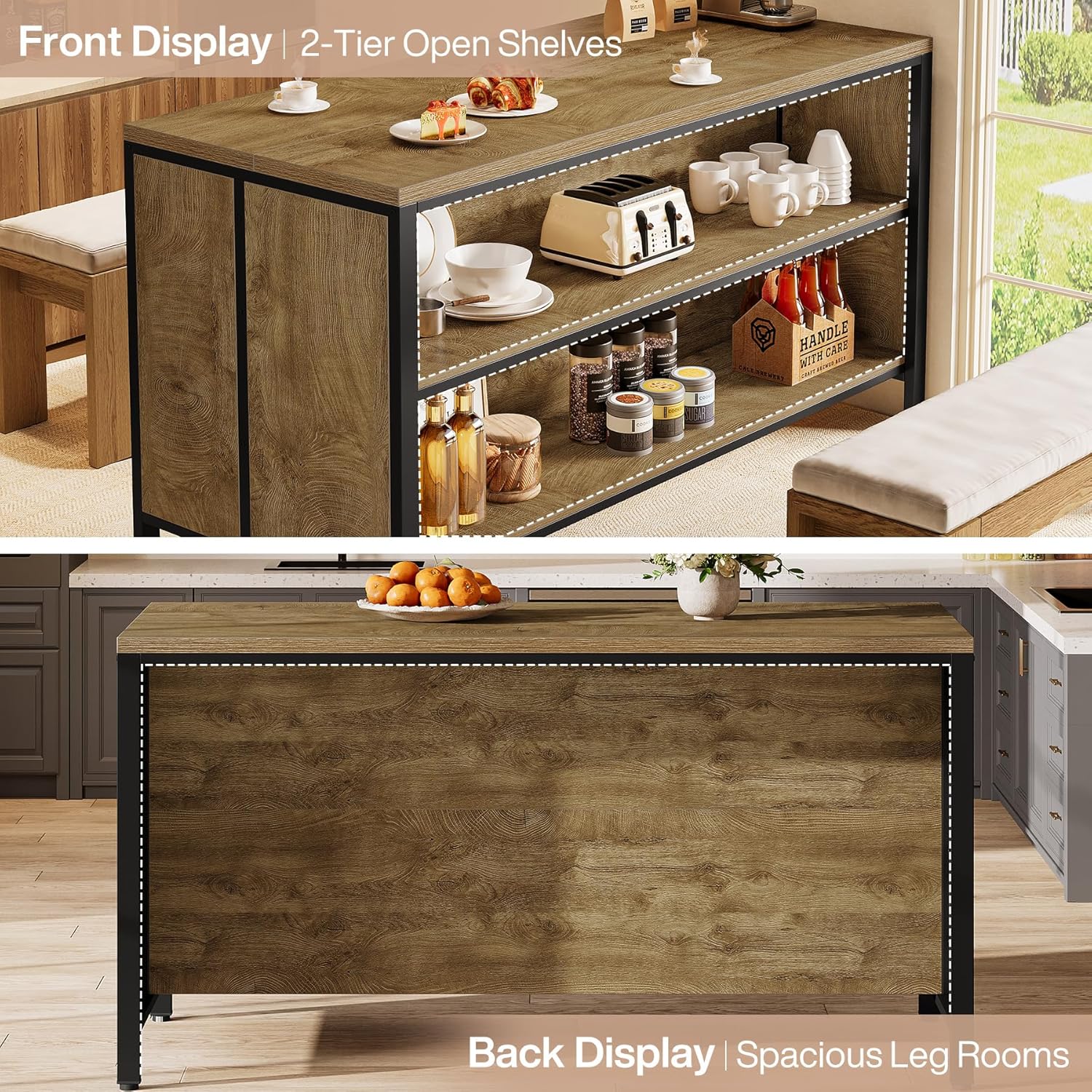 Tribesigns 62.99" Kitchen Island with Storage and Seating - Farmhouse Stationary Island Table, Large Countertop & Sturdy Metal Frame, Coffee Bar Cabinet for Kitchen/Dining Room, Rustic Brown & Black