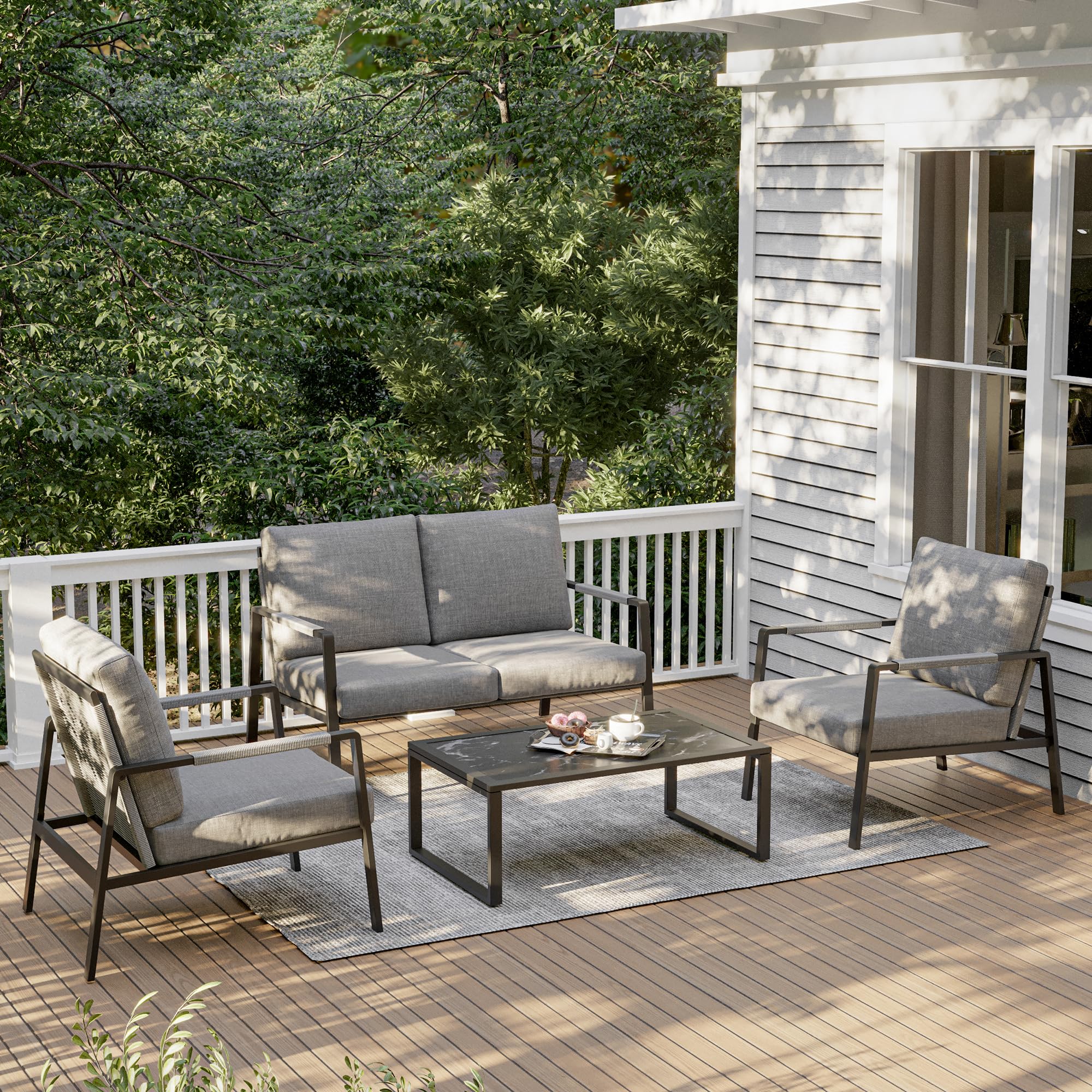 EAST OAK 4-Piece Patio Conversation Set, Waterproof Outdoor Furniture Set with Thick Cushion, Patio Furniture Set for 4, Woven Armrests Sofa and Coffee Table for Garden, Misty Grey