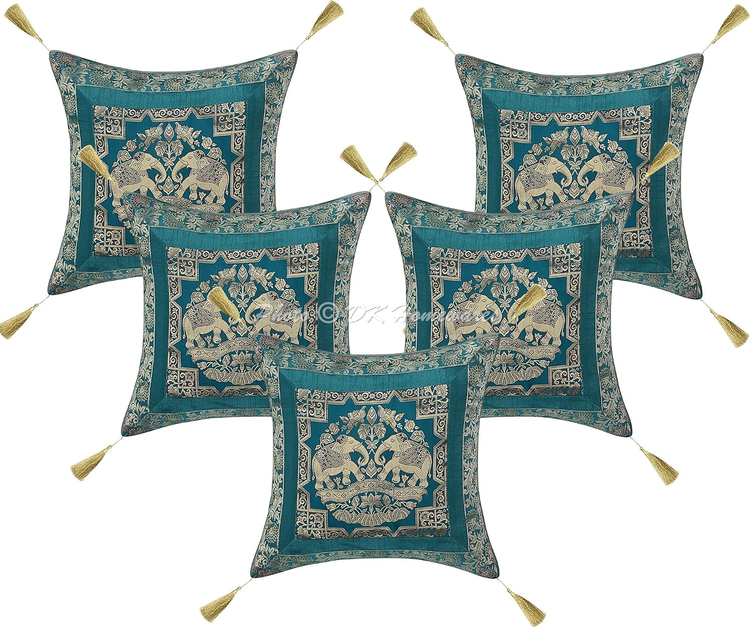 Decorative Throw Cushion Covers 18x18 Inch Brocade Jacquard Weave Indian Square Elephant Cushion Covers (Size - 45x45 cm ; Color: Emerald Green & Gold) - Set of 5 Pcs (Cover Only)
